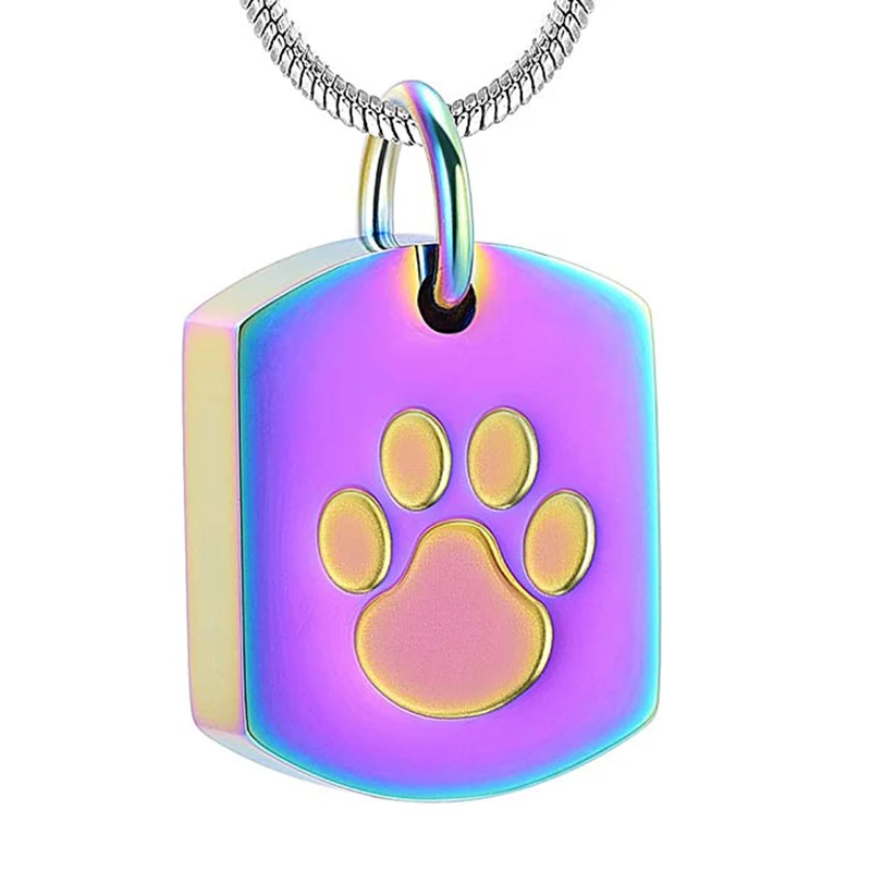 

LL001 Rainbow Color Stainless Steel Dog Tag Cremation Jewelry Carved Dog/Cat Paw Print Memorial Urn Necklace For Pet Pendant