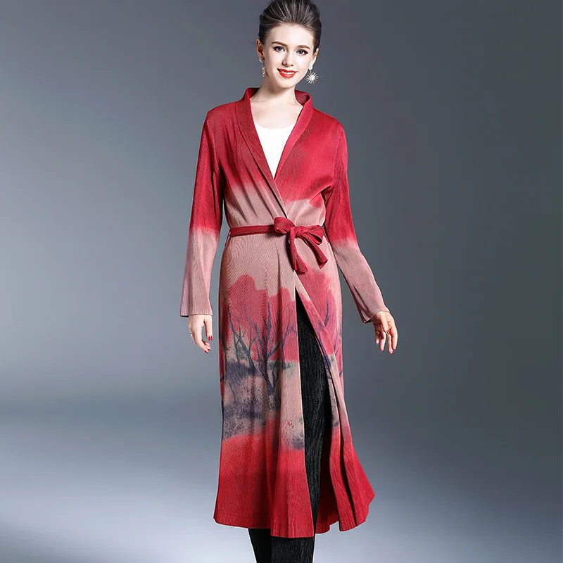 

Plus Size Trench Coat For Women 45-75kg 2019 Spring Autumn Fashion Printed Elastic Miyake Pleated Slim Belted X-Long Cardigan
