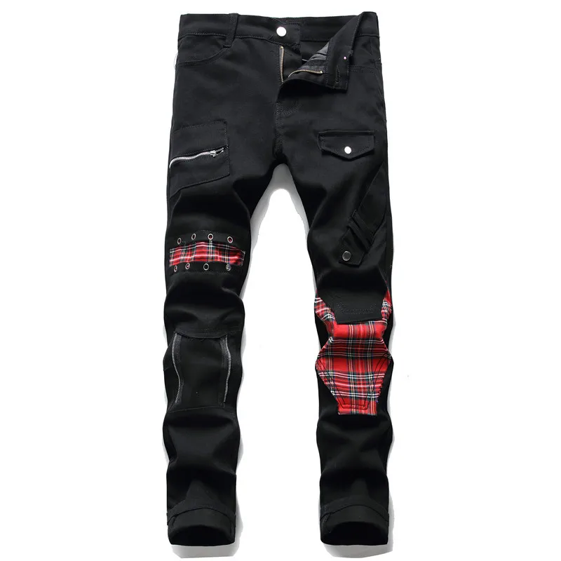 

New Men's Male Fashion Tartan Scotch Plaids Patchwork Black Denim Jeans Trendy Punk Rock Rivet Pants Slim Straigh Trousers 5506