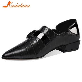 

Karinluna 2020 Hot Sale Genuine Cow Leather INS Pumps Woman Shoes Square Heels Pointed Toe Buckle Office Lady Pumps Women Shoes