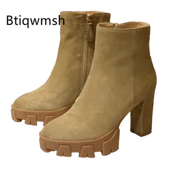 

Winter Beige Suede Platform Boots Women Pointed Toe Side Zipper High Heel Boots Female Fashion Ankle Boots