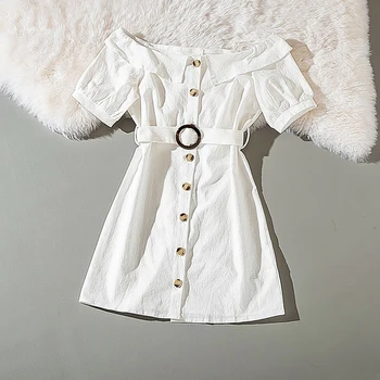 

Cthink Good Quality New Slash Neck White Summer Dress 2020 Belt Slim Short Sleeve Knee Length Korean Woman Dress Stylish Vestido