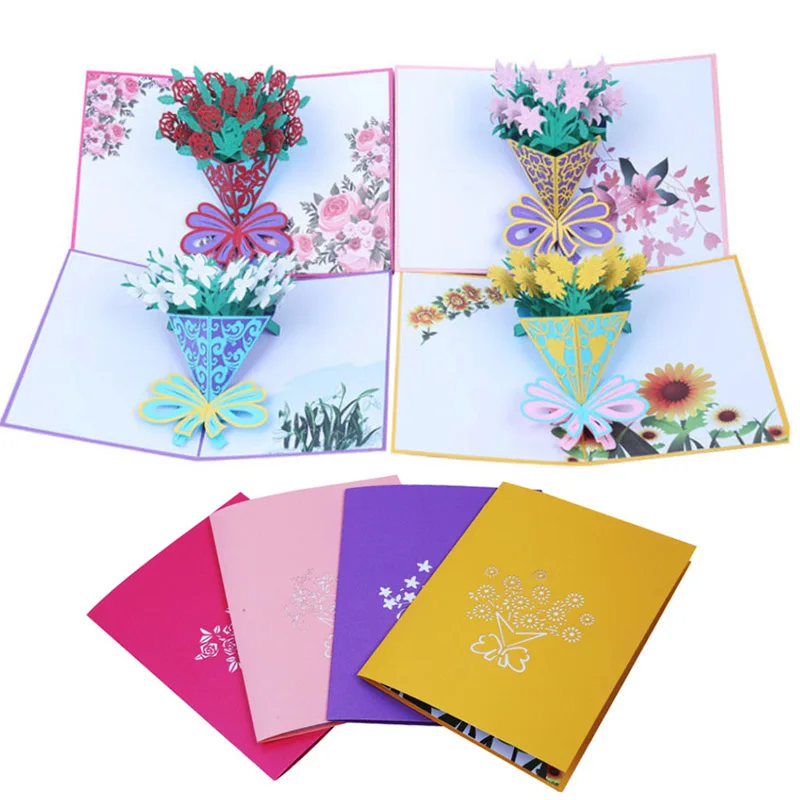 1PC Pop UP Handmade Gift 3D Cutting Fantastic Greeting Cards Anniversary Mother's Day Happy Birthday Rose Flowers Greeting Card
