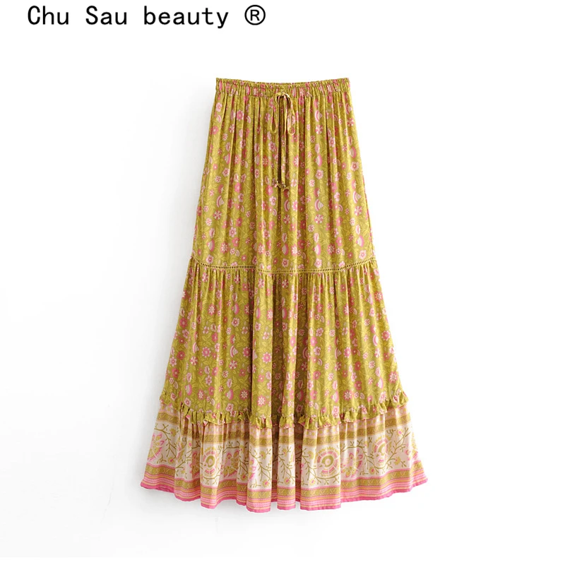 Chu Sau beauty Boho шикарная винтажная длинная юбка с цветочным принтом женская Праздничная свободная открытая юбка женская модная пляжная одежда