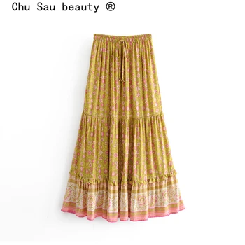 

Chu Sau beauty Boho Chic Vintage Floral Printed Long Skirt Women Holiday Female Loose Hollow Out Skirts Lady's Fashion Beachwear