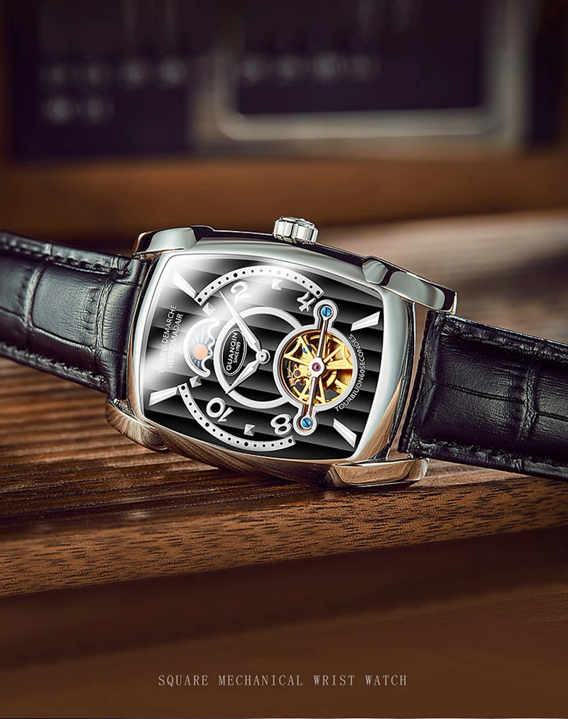 GUANQIN Tourbillon часы Автоматические Брендовые мужские механические роскошные часы Скелет прямоугольник кожа золото мужские часы