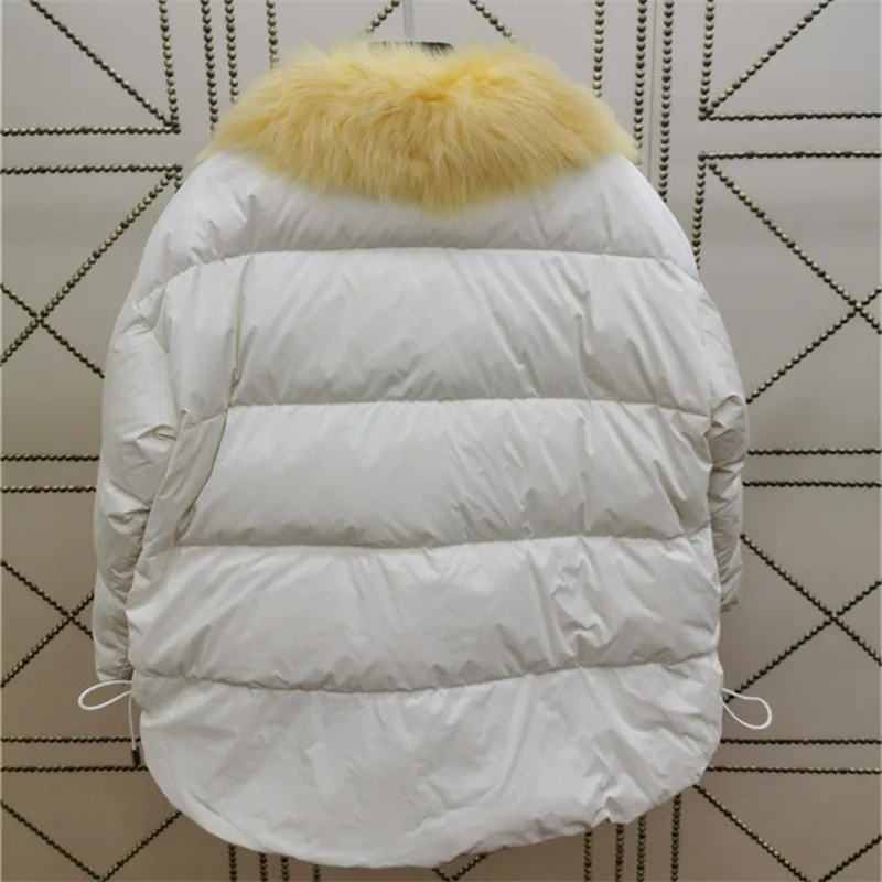 Female oversize thick down jacket with natural wool fur collar and pocket white duck down woman winter coat