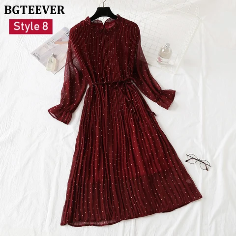 Spring Stand Collar Floral Print Women Dress Lace Up Female Pleated Dress Summer Party Midi Chiffon Vestidos femme 2021