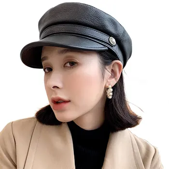 

Street Fashion Genuine Women Leather Army Hats Black Leather Caps Ladies Leather Military Hat Femme Hat Sombrero Mujer Flat Caps