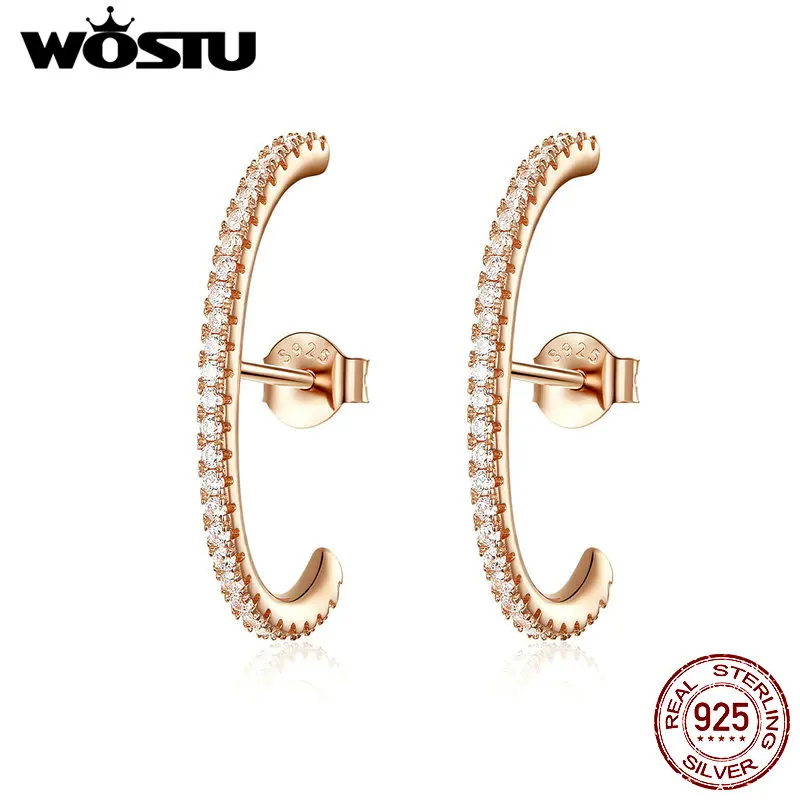 WOSTU, 925 пробы, серебряные серьги-гвоздики, розовое золото, прозрачный Фианит, минимальный размер, серьги для женщин, девушек, вечерние, облегающие, 925, ювелирное изделие, CQE548