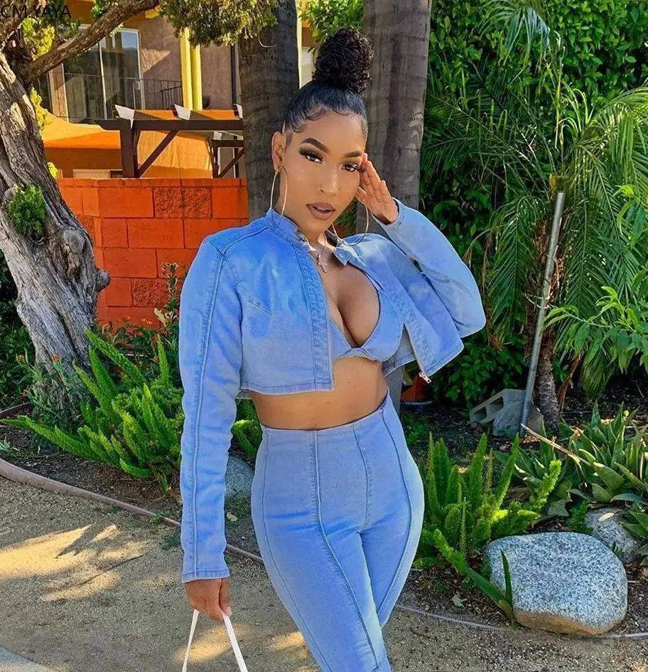 CM.YAYA Women Autumn Winter Long Sleeve Zipper Up Short Denim Jackets Streetwear Jeans Coats Without Bra |