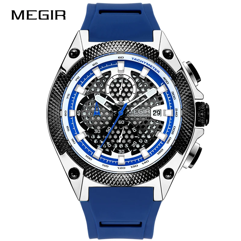 Blue MEGIR мужские часы силиконовый Топ бренд класса люкс водонепроницаемый спортивный хронограф кварцевые наручные часы с датой мужские часы Reloj Hombr - Цвет: Blue