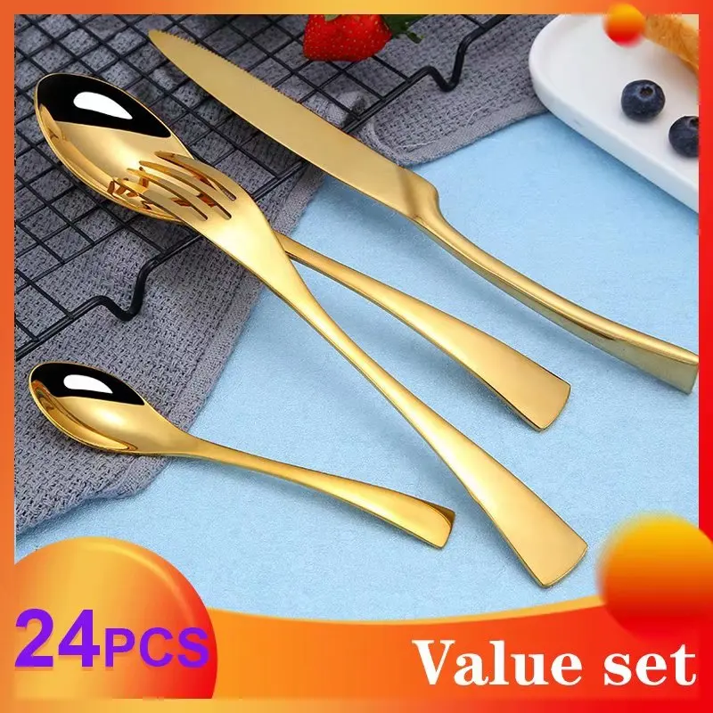 

Spklifey Gold Cutlery Set 24 Pcs Steel Cutlery Set Gold Spoon and Fork Steel Steel Cutlery Set Knives Spoons Dinnerware Set