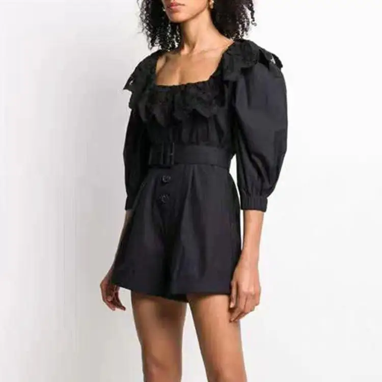 

Sexy Black WOmen Playsuit 2020 Runway Designer Square Collar Backless Ruffle NIght CLub Short Jumpsuit Tunic Romper with belt