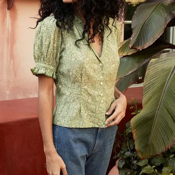 

Floral Women's Blouse 2020 Spring Summer V-neck Single-breasted Short Puff Sleeve lady Sweet Prairie Chic Shirt and top