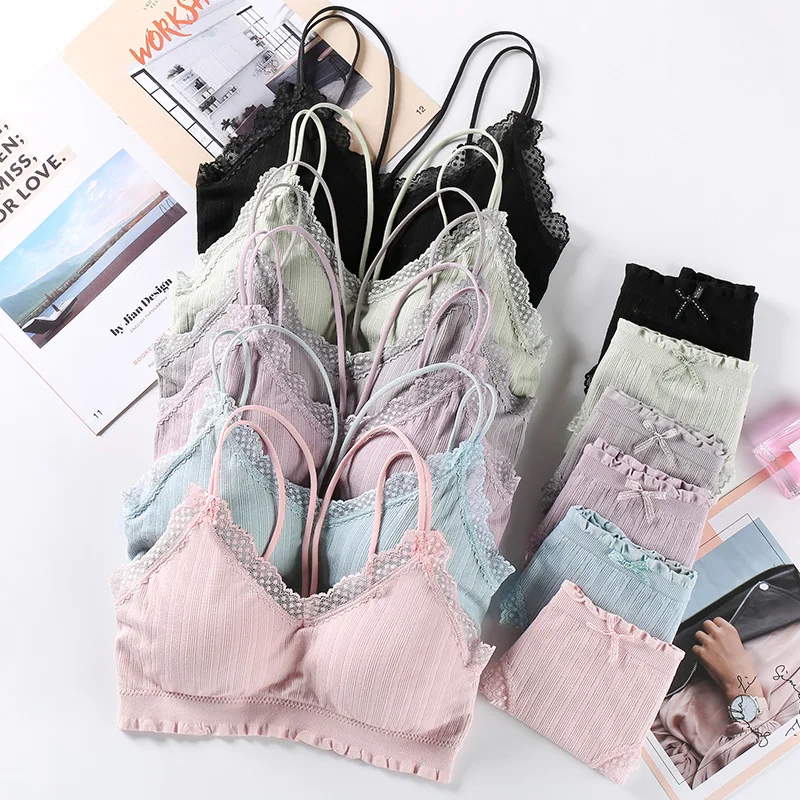 Knitting Active Bra With Pad Sexy Lingerie Set Seamless Sports Underwear Set Lace Women Bra Set