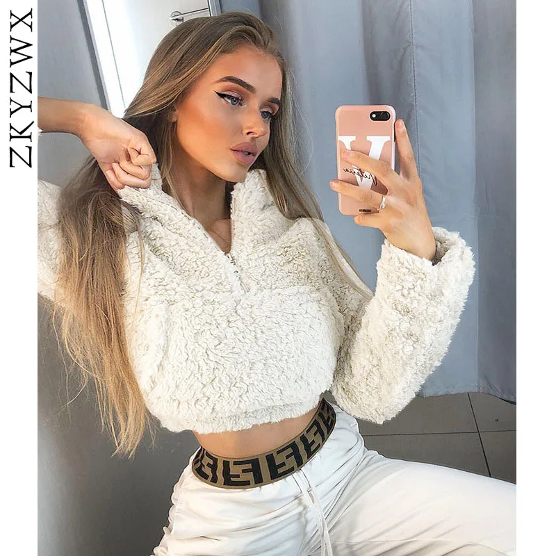 

ZKYZWX Plus Velvet Sweatshirt Women Zipper Pocket Long Sleeve Loose Crop Top 2019 Fall Winter New Streetwear Sexy Casual Clothes