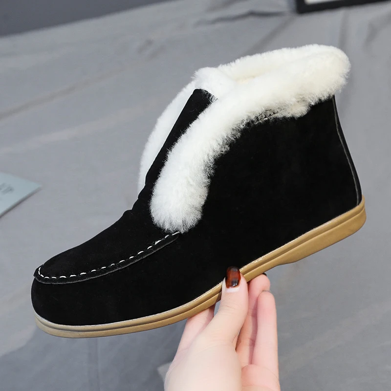 Fashin Ankle Boots For Women Suede-leather Boots Fur Shoes Warm Winter Slip-on Comfortable and Light Snow