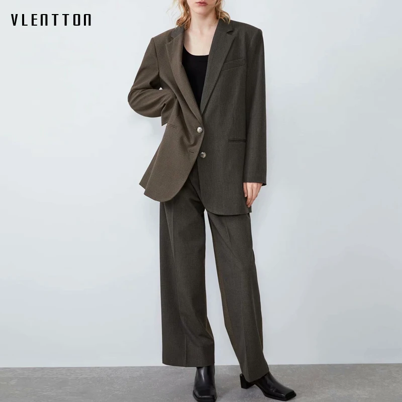 

Autumn Winter Vintage Plaid Two Pieces Set Women Long Blazer Jacket Outwear & Wide leg Pants Office Pants Suit Female Trousers