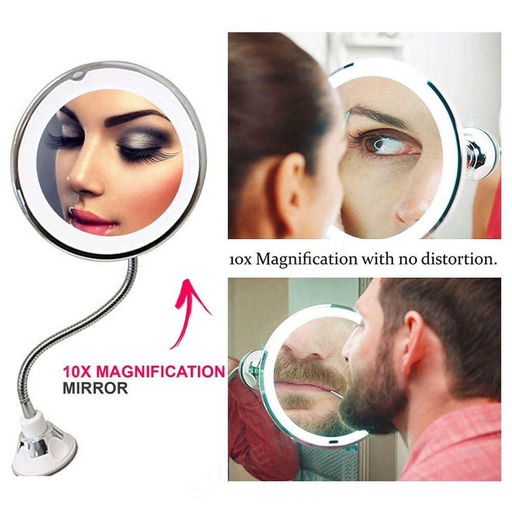 

10x Magnifying LED Mirror 360 Rotation Flexible Gooseneck Lighted Bathroom Makeup Shaving Mirror Adjustable Bendable Gooseneck