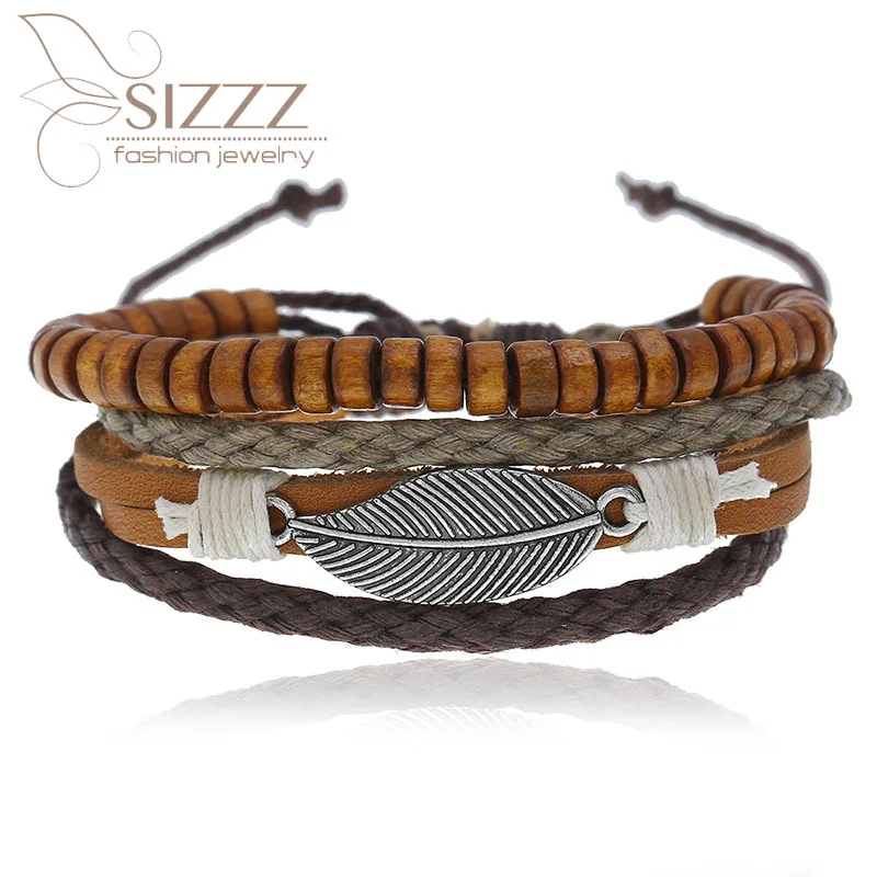 SIZZZ новые деревянные бусы ювелирные изделия пеньковая веревка мульти-ручной тканый кожаный браслет и браслеты для женщин/мужчин