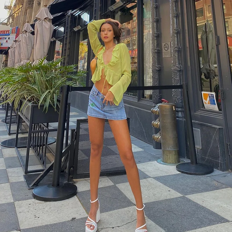 Fashion Boho Ruffle Blouse See-Through Lace V-Neck Tops For Women Long Sleeve Summer Shirt Party Beach Cropped Top 2025