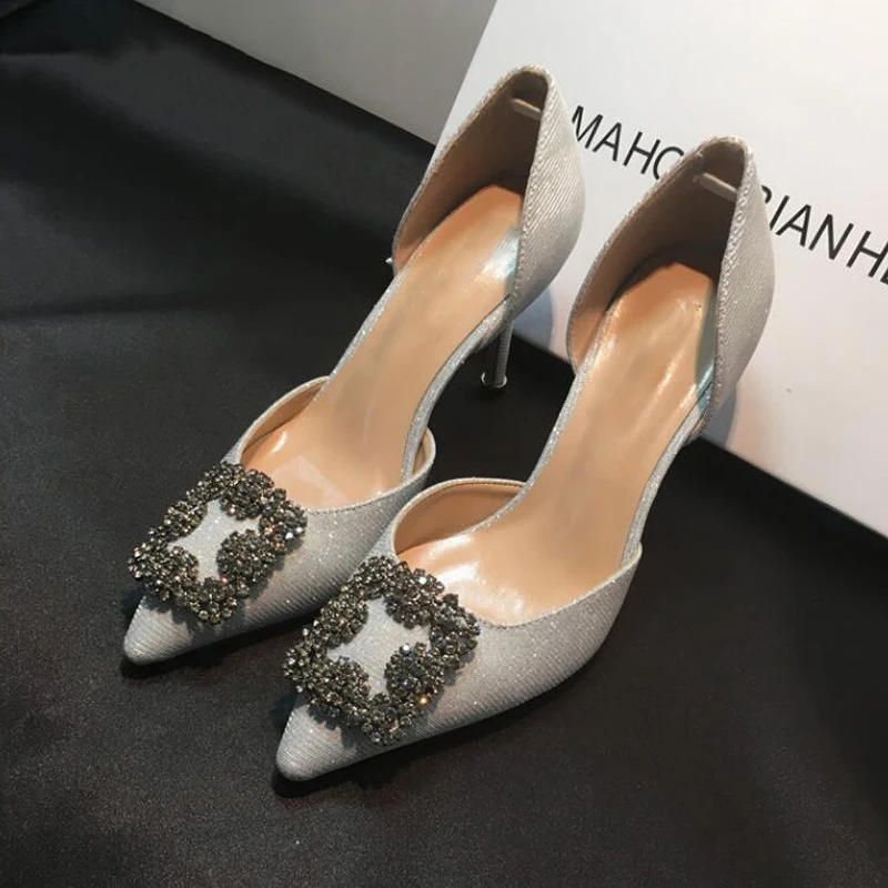 2020 New Pointed Toe High Heels Thin Heeled Shallow Mouth Crystal Wedding Shoes Square Buckle Single Fashion Dropshipping | Обувь