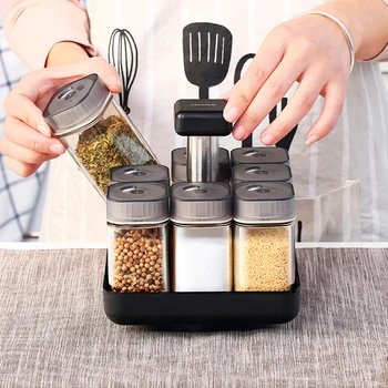 

Kitchen Jars For Spices Rotating Glass Cruet Seasoning Jar Set BBQ Pepper Salt Shakers Paprika Bottle Kitchen Storage Rack Jar
