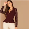 SHEIN Black Notch Neck Sheer Lace Sleeve Peplum Top Women Autumn Solid Elegant Office Ladies Slim Fit Ruffle Blouses