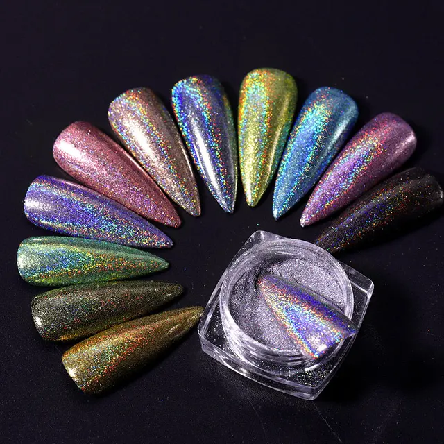 12pcs Kit Holographic Nail Powder Glitter Silver  3