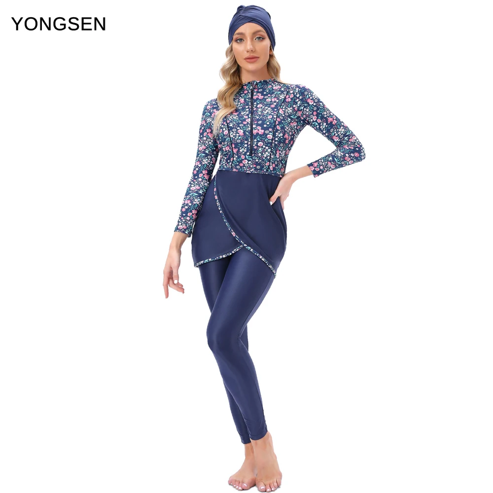 Women Muslim Swimwear Sport Swimsuit Islamic Wear Bathing Suit Modest Burkini Bra Padding Patchwork Hijab Long Sleeves