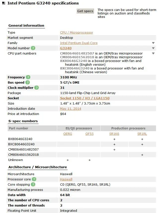 Процессор Intel G3240 53W LGA 1150 3,1 GHz 22 нанометров двухъядерный процессор, работающий правильно