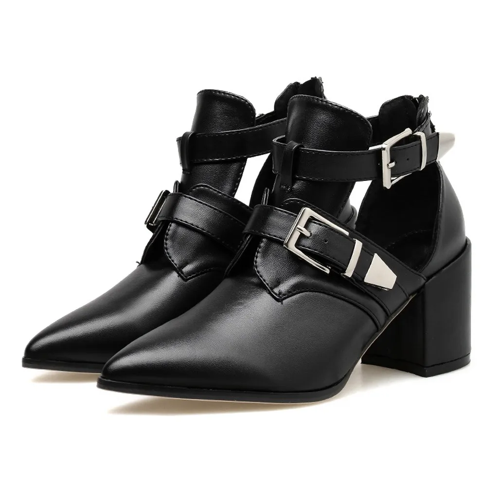 

SAGACE Pointed Toe Women Sexy Openwork Buckled Chunky Ankle Boots For Women Shoes Woman Zipper Boots