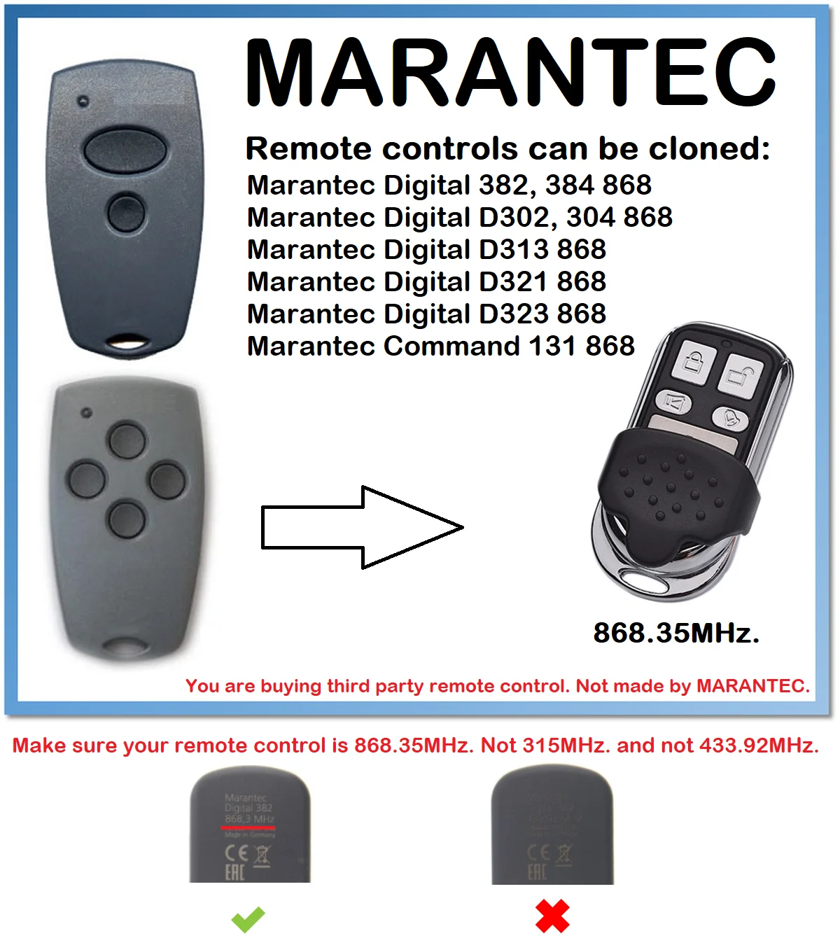 4 channel Marantec DIGITAL 304 remote control frequency 868,3 MHz fixed code