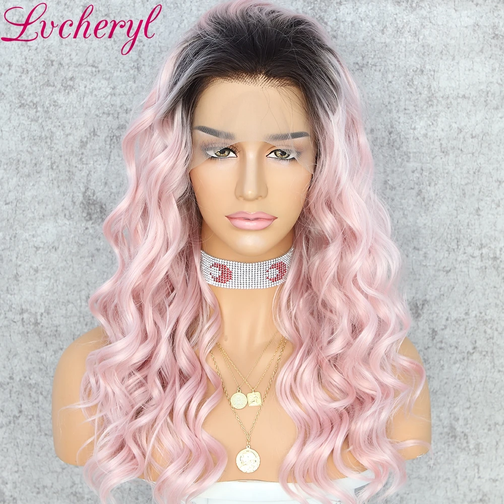 Lvcheryl 13X3 ручная вязка натуральные волнистые корни Омбре розовый цвет волосы парики синтетические волосы на фронте парики для женщин Повседневная одежда