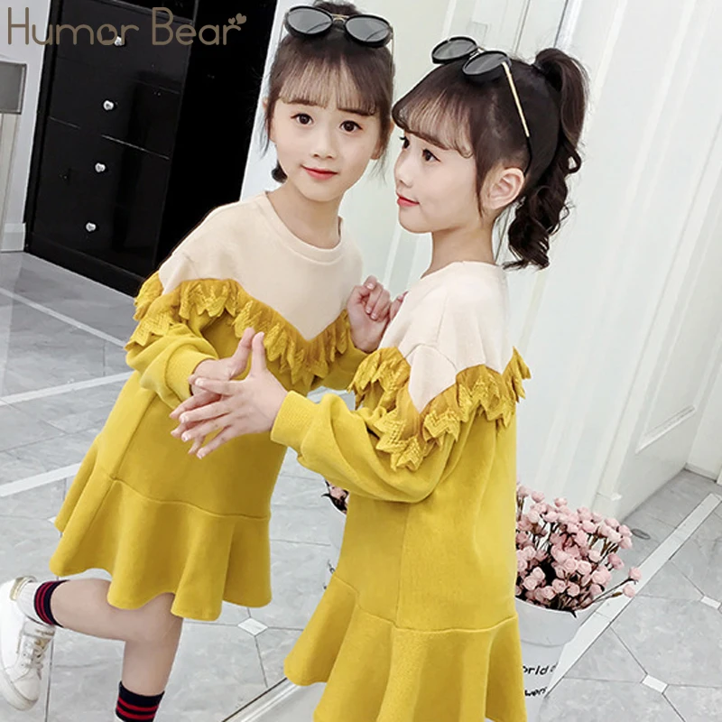 Humor Bear Fashion Girls Clothes New Party Princess Dress Girl Autumn Dress Big Children Lace Dress Kids Clothing - Цвет: yellow