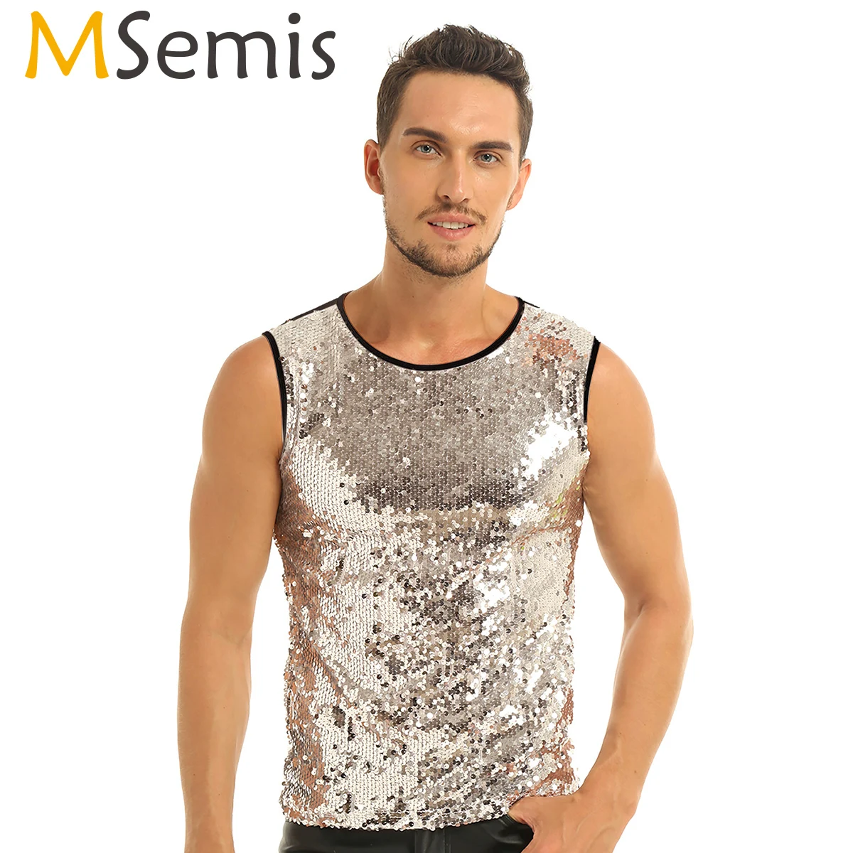 Msemis Men's Glitter Sequins Tank Top Fashion Summer Crop Top Vest Slim