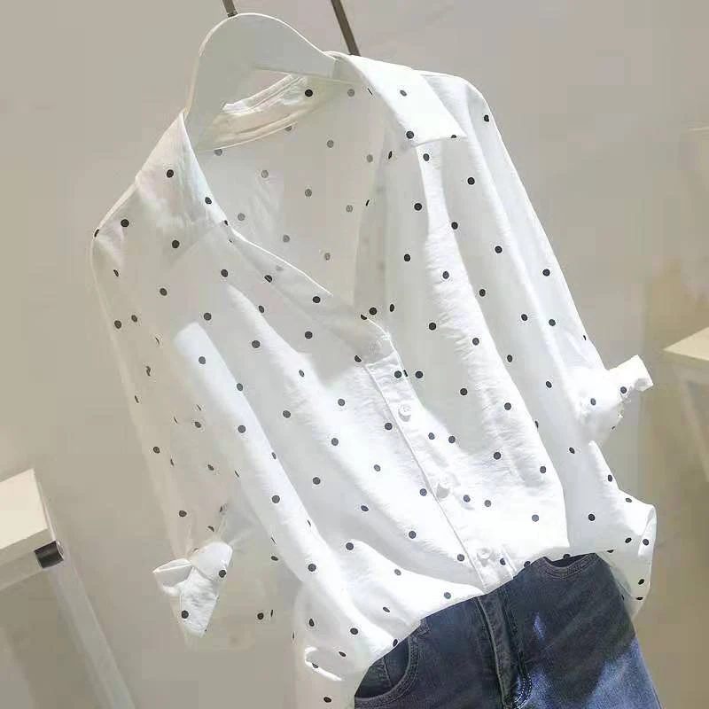 

Polka Dotted Women's Blouse Shirt Long Sleeve Turn Down Collar Plus Size Tops 2019 Autumn Korean Loose Single Breasted Blouses
