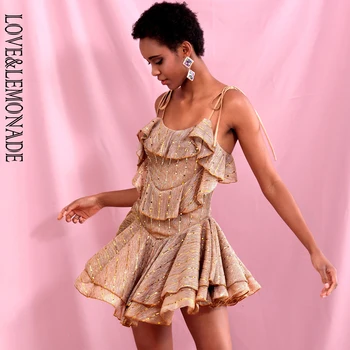 

LOVE & LEMONADE Sexy Tube Top Sling Gold Patch Ruffled Fit Mini Dress LM82341