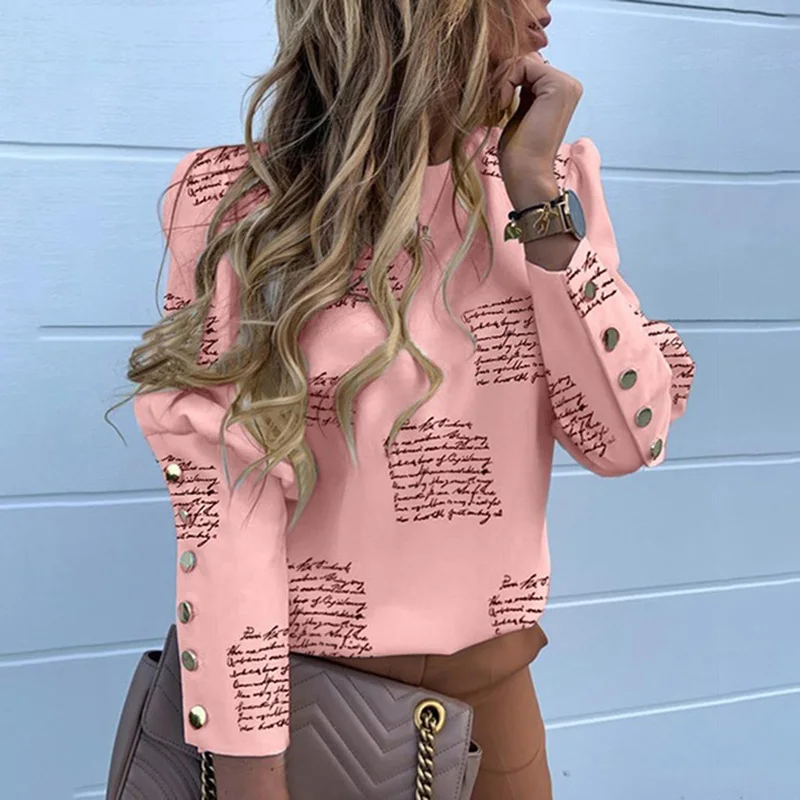 Pink back no button Элегантная Новая блузка с пышными плечами, рубашки для офисных леди, Осенние блузки с металлическими пуговицами, женские топы с длинными рукавами и принтом ананаса - Цвет: Pink back no button