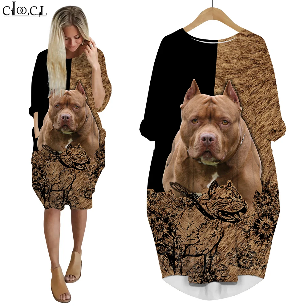 

CLOOCL Women Dress Animal Pitbull 3D All Over Printed Loose Daughter Skirt Streetwear Fashion Long Sleeve Pocket Female Dresses