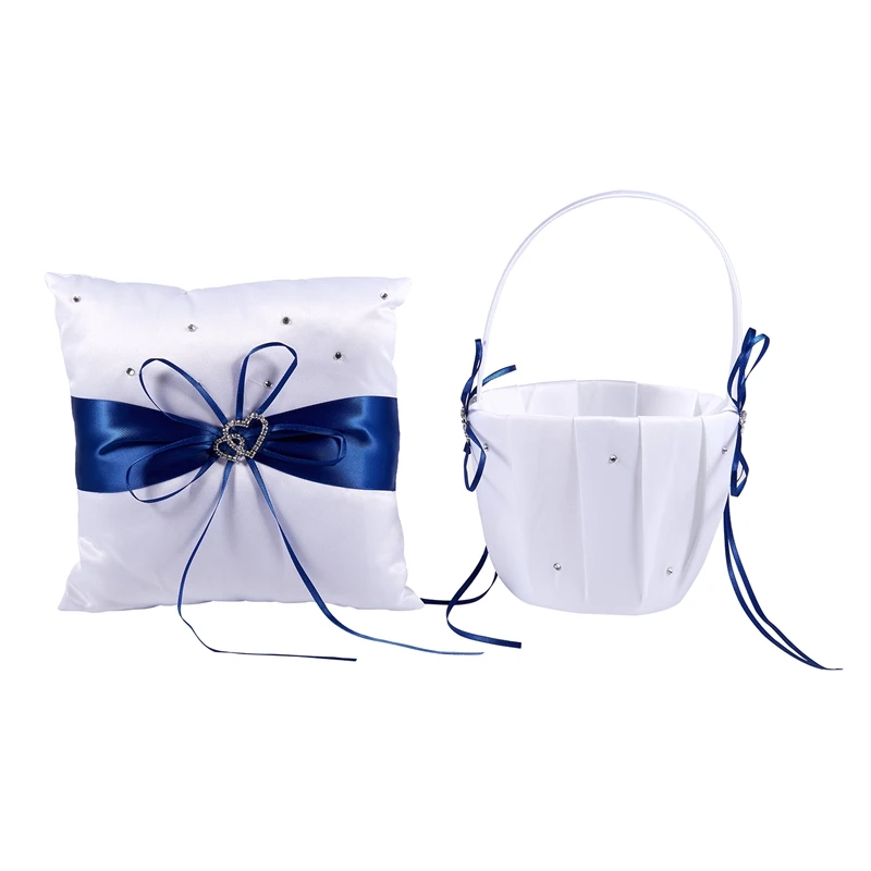 

New 2 Heart Rhinestones Ivory Satin Flower Girl Basket And Ring Pillow Set for Wedding Royal Blue