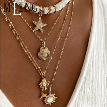 

MLING Vintage Gold Alloy Multi-layer Pendant Necklace Fashion Starfish Scallop Sun Coconut Tree Necklace for Women