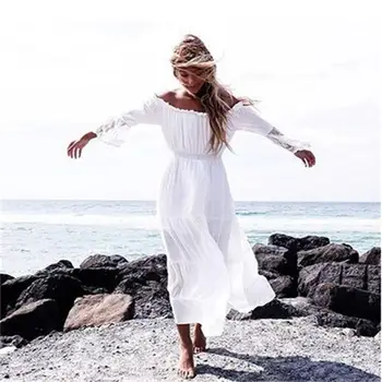 

Summer Beach Dress For Woman Beachwear Women Plus Size Cover Up Dresses 2020 Lace Off Shoulder Horn Long Sleeve Patchwork Cotton