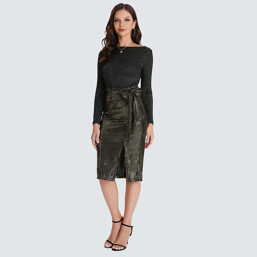

2 Pieces Work Suit Patchwork Long Sleeve Blouse & Split Pencil Skirt Women Skirt Suit Elegant Office Ladies Set 2021