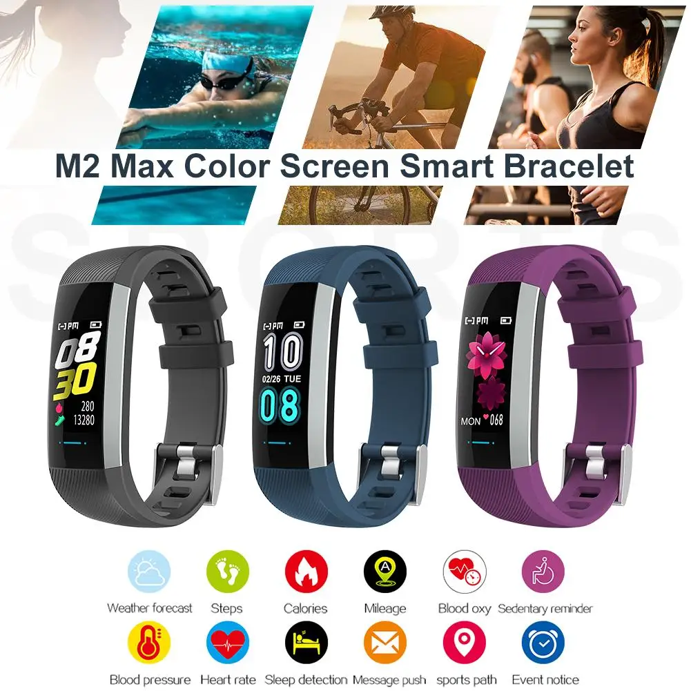 

M2 Max Color Screen Smart Bracelet Waterproof IP67 Fitness Bracelet For Heart Rate Blood Pressure Monitoring