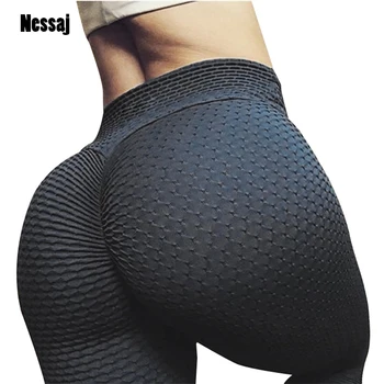 

Nessaj Sexy Push Up Women Leggings Casual Slim Fit Pants Plaid Wrinkle Leggings Solid Color High Waist Workout Leggings