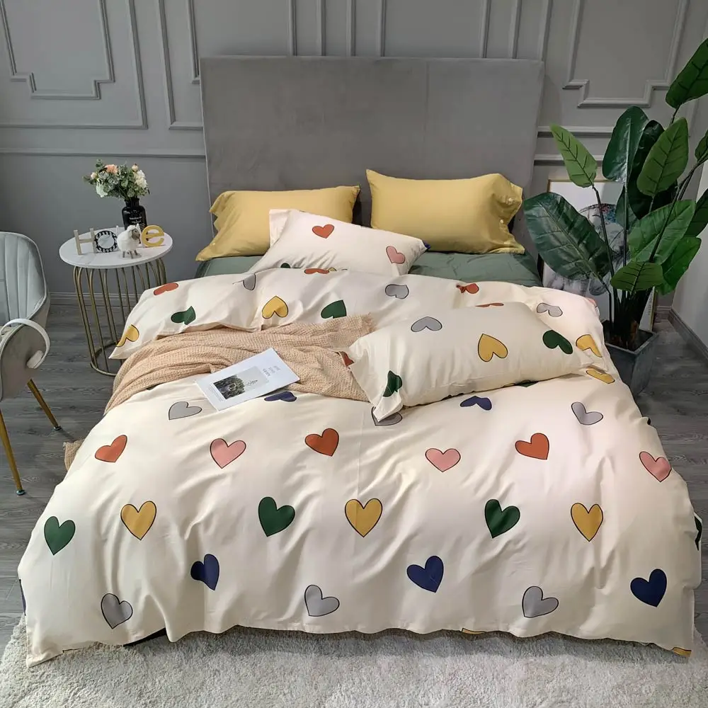 

Beige Colorful Hearts Cartoon Duvet Cover Set Flat Sheet High Count Egyptian Cotton Bedlinens 4pcs Queen King Size Bedding Set