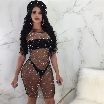 

Sequins Bikini Cover Up Bathing Suit Mesh Crochet Black Swimwear Beach Dress Bikini Cover Up Dress