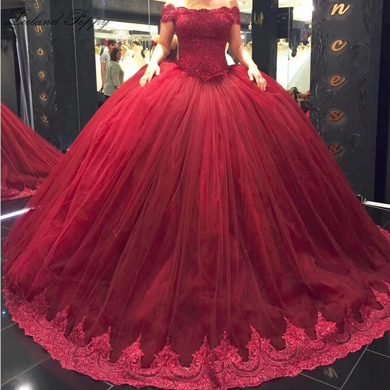 Элегантное бальное платье из тюля Бальные платья с открытыми плечами длина до пола без рукавов принцесса кружевные платья в официальном стиле корсет сзади - Цвет: Красный